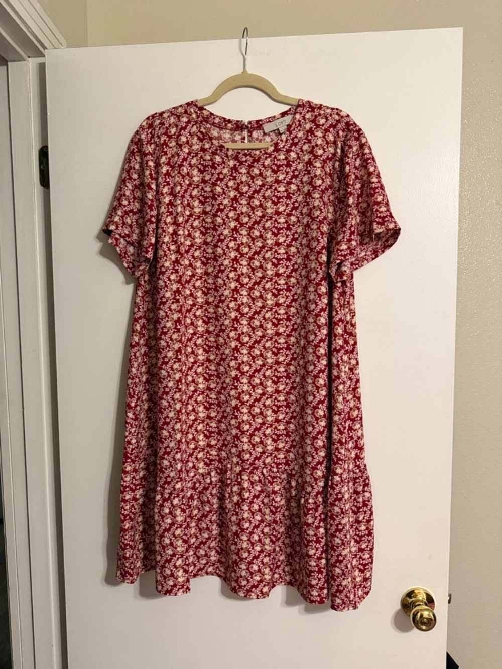 LOFT Red Floral Short-Sleeve Swing Dress